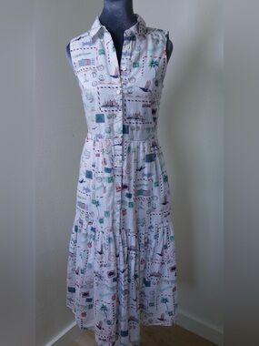 J.Crew Factory Postcard Map Print Midi Dress Size 00 Sleeveless Collared Cotton